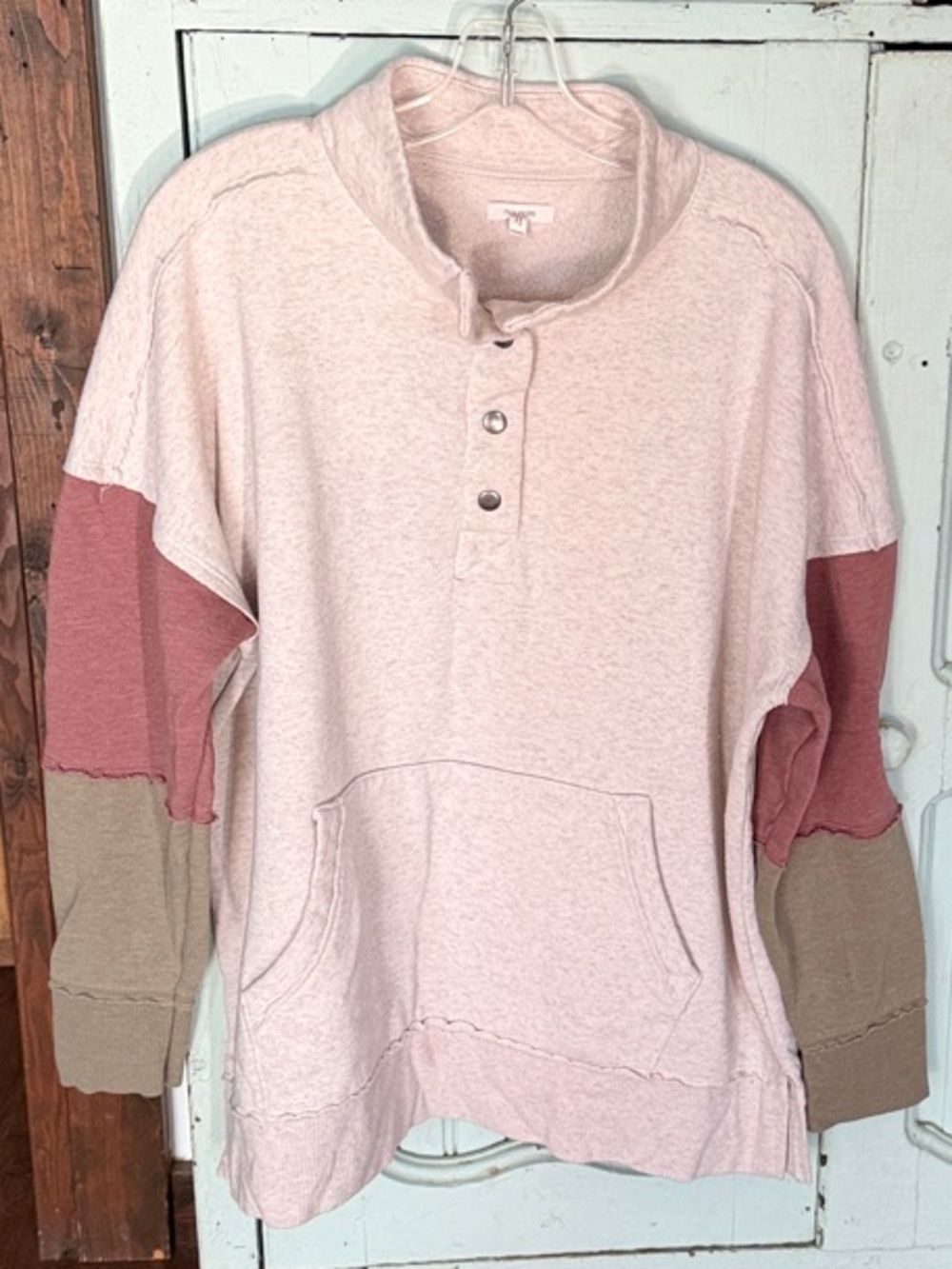 Maurices Oatmeal Colorblock Henley Hoodie with Rose and Olive Sleeves